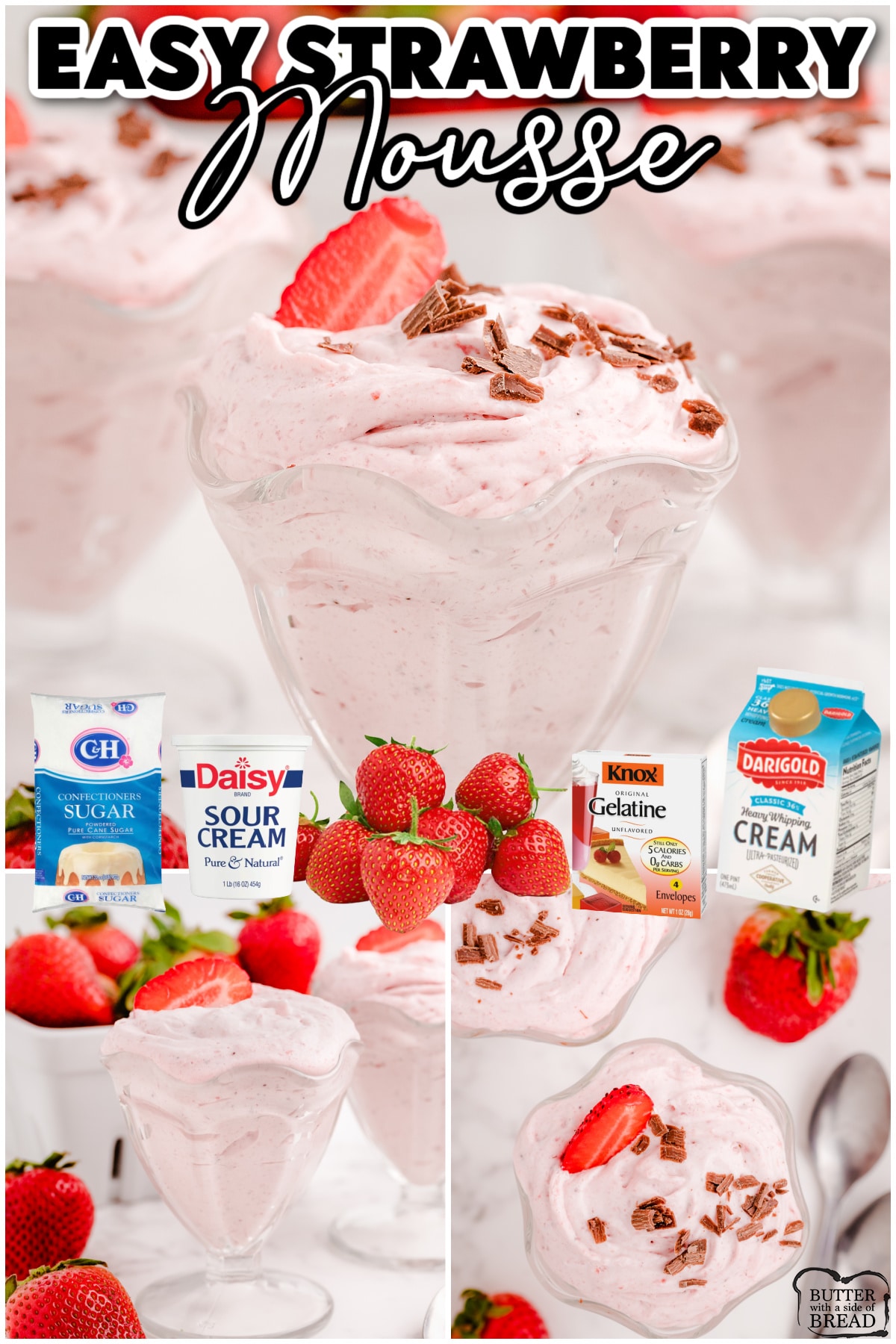 Strawberry Mousse is a beautiful treat made with fresh strawberries, cream & sugar! This strawberry mousse with gelatin is made with only 6 ingredients and has incredible flavor!
