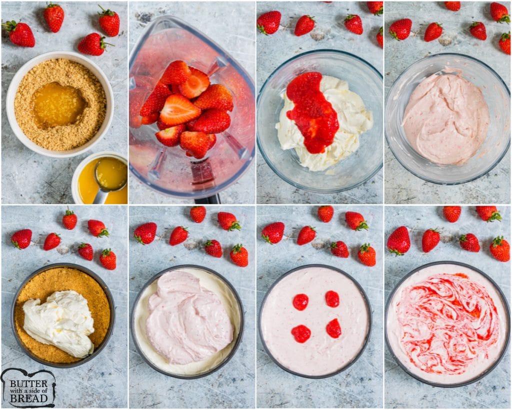 Step by step showing how to make no bake strawberry cheesecake