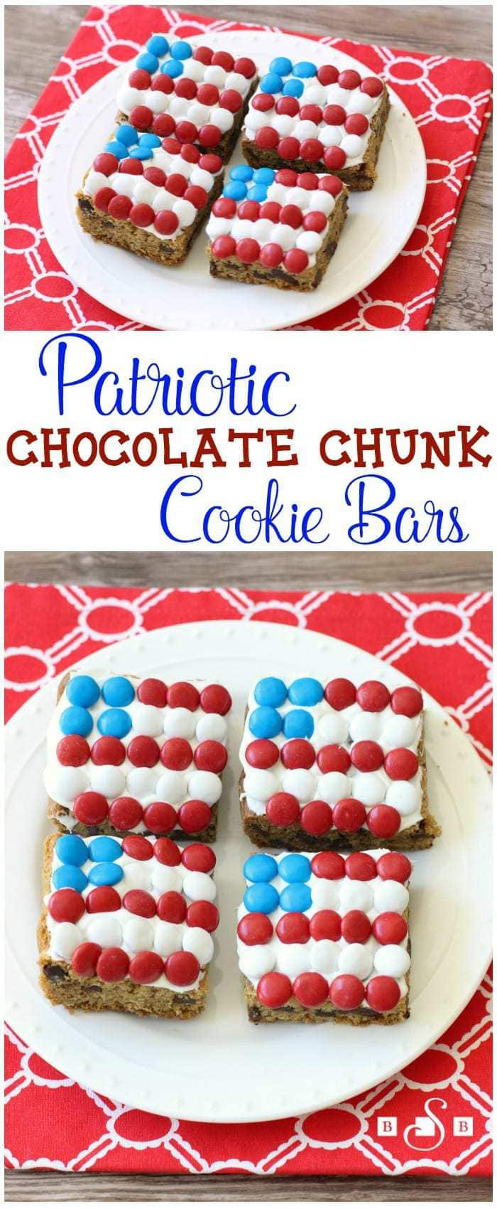 Patriotic Chocolate Chunk Cookie Bars - Butter With A Side of Bread -- This recipe is so easy to make and you'll love how fun & festive they turn out! Perfect for 4th of July, Memorial Day or any other day you feel like being patriotic. Cute red, white & blue chocolate candies on top add the perfect touch! 