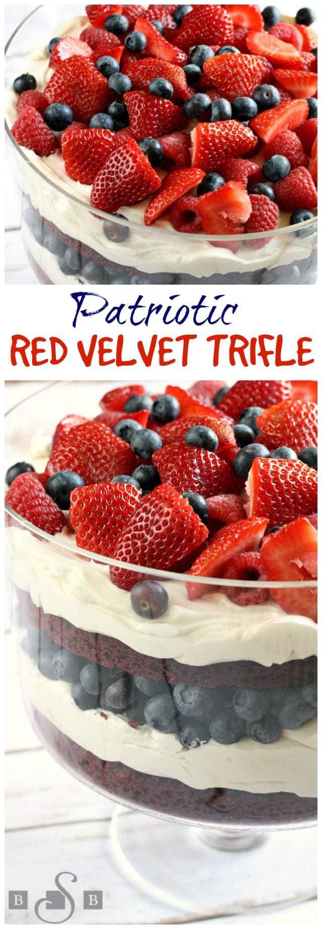 I love making trifles because they look so fancy, but they are so easy to put together! I had never made one with red velvet cake before, but it is the perfect base for a patriotic dessert, especially when topped off with blueberries, raspberries and strawberries! I just used a boxed mix for the cake and it turned out to be an amazing dessert!