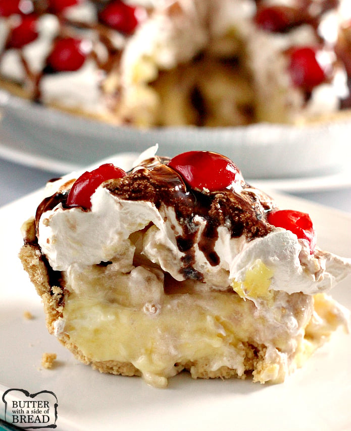 Banana Split Pie is an easy no-bake dessert made with a graham cracker pie crust full of cream cheese, bananas, whipped cream, pineapple, chocolate syrup and cherries. A refreshing banana split dessert that is easy to make and serve!