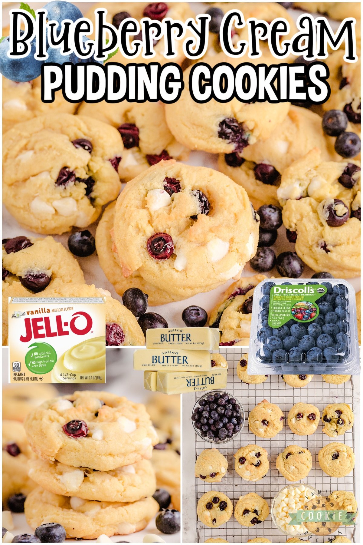 Blueberry Cream Cookies are soft vanilla pudding cookies with fantastic blueberry flavor! White chocolate chips + fresh blueberries are baked right into these amazing cookies.