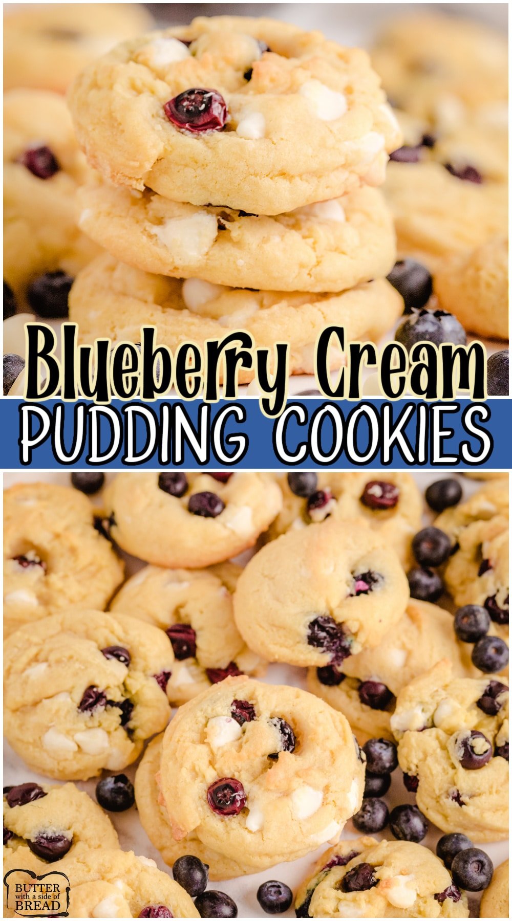 Blueberry Cream Cookies are soft vanilla pudding cookies with fantastic blueberry flavor! White chocolate chips + fresh blueberries are baked right into these amazing cookies.