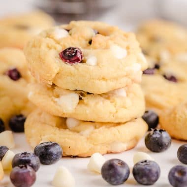 pudding cookies with fresh blueberries stacked