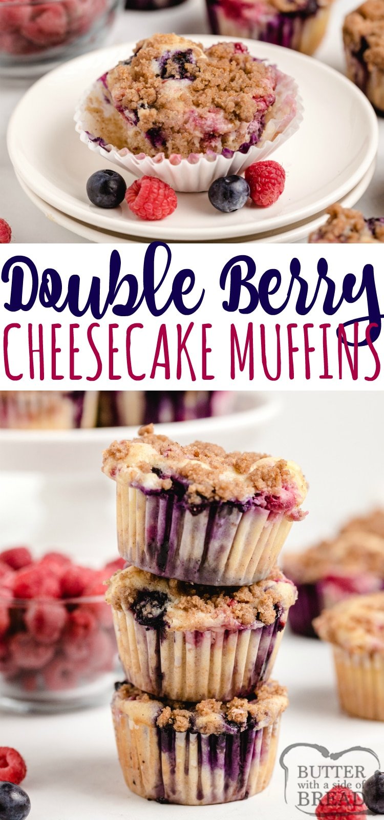 Double Berry Cheesecake Muffins are full of fresh blueberries and raspberries and have a delicious cream cheese filling in the middle! The brown sugar streusel topping adds even more flavor and a little bit of crunch too!