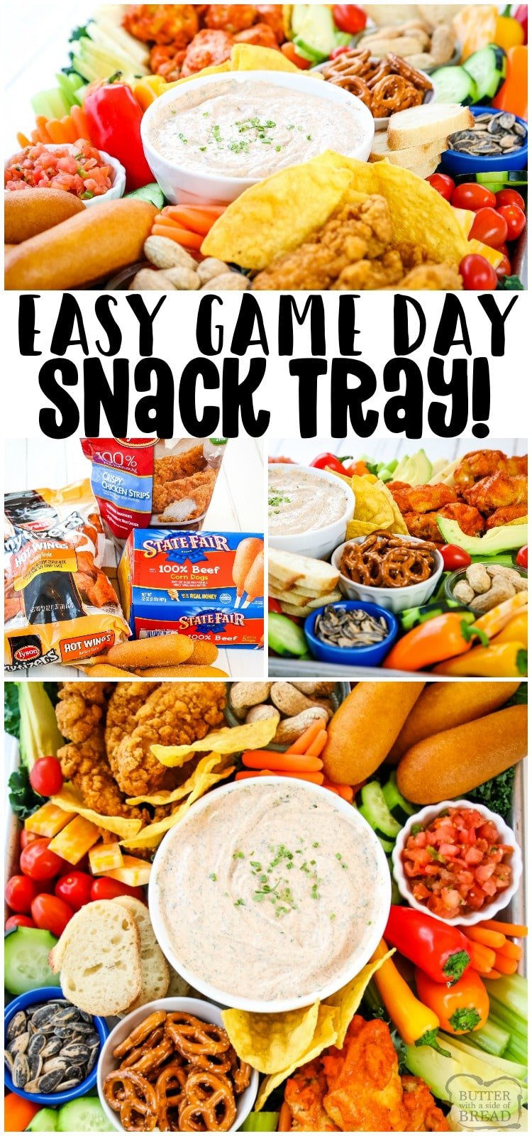 Smoky Homemade Ranch Dip served with all your game day favorites: hot wings, chicken strips & more! Wow the crowd with this savory game day snack tray that’s delicious & easy to put together. #gameday #footballfood #appetizers #ranchdip #gamedaysnacks #gamedayfood
