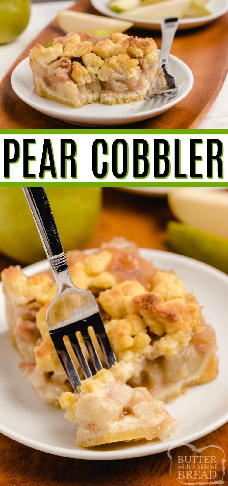 Pear Cobbler made with a simple buttery crust and lots of fresh pears to make a delicious baked pear dessert. So yummy straight out of the oven, especially with a big scoop of vanilla ice cream! 