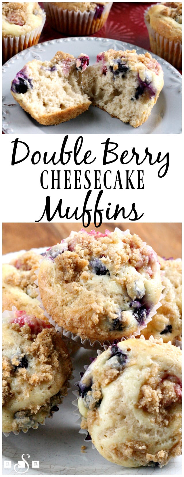 Double Berry Cheesecake Muffins have a delicious cream cheese filling inside, and are full of fresh blueberries and raspberries!