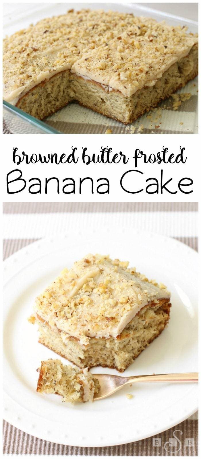 Frosted Banana Cake made from scratch in no time! Lovely banana flavor combined with rich, buttery frosting and topped with chopped nuts. Delicious moist banana cake recipe!