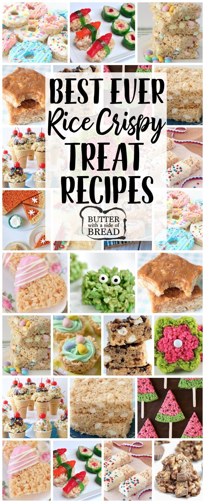 Rice Crispy Treat recipes for any and all occasions! From salted caramel to churro and everything in between, you're sure to find a rice crispy treat recipe you'll love. Our basic recipe for Krispie Treats is THE BEST! #ricekrispie #ricecrispy #krispies #dessert #food #treat #marshmallow