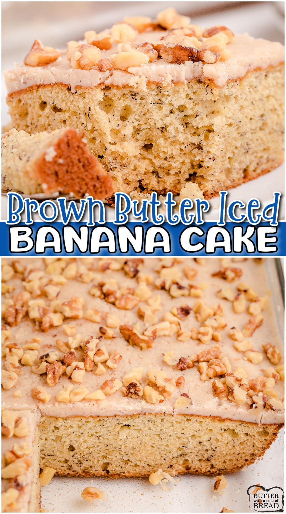 Frosted Banana Cake made from scratch with ripe bananas & topped with an incredible buttery icing! Deliciously moist banana cake recipe everyone loves!