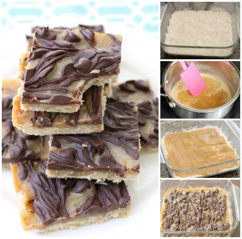 Chocolate Caramel Bars made with just 4 simple ingredients! Easy buttery crust topped with a quick caramel then swirled with melted chocolate. 