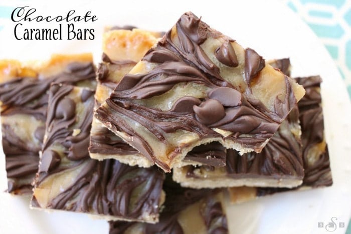 Chocolate Caramel Bars made with just 4 simple ingredients! Easy buttery crust topped with a quick caramel then swirled with melted chocolate. 