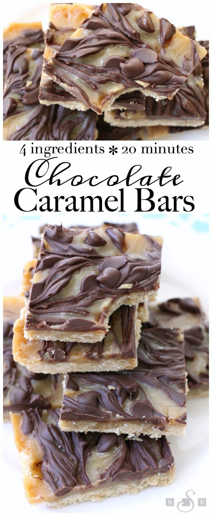 Chocolate Caramel Bars made with just 4 simple ingredients! Easy buttery crust topped with a quick caramel then swirled with melted chocolate. Best #caramel bars ever! #Dessert from Butter With A Side of Bread