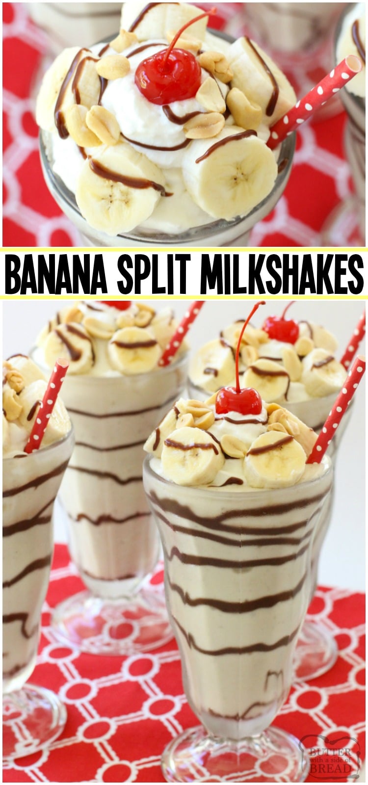 Banana Split Milkshakes made with frozen ripe bananas, milk and vanilla ice cream then topped with salted peanuts, banana slices, whipped cream and a cherry. Perfect banana milkshake recipe for hot summer days.