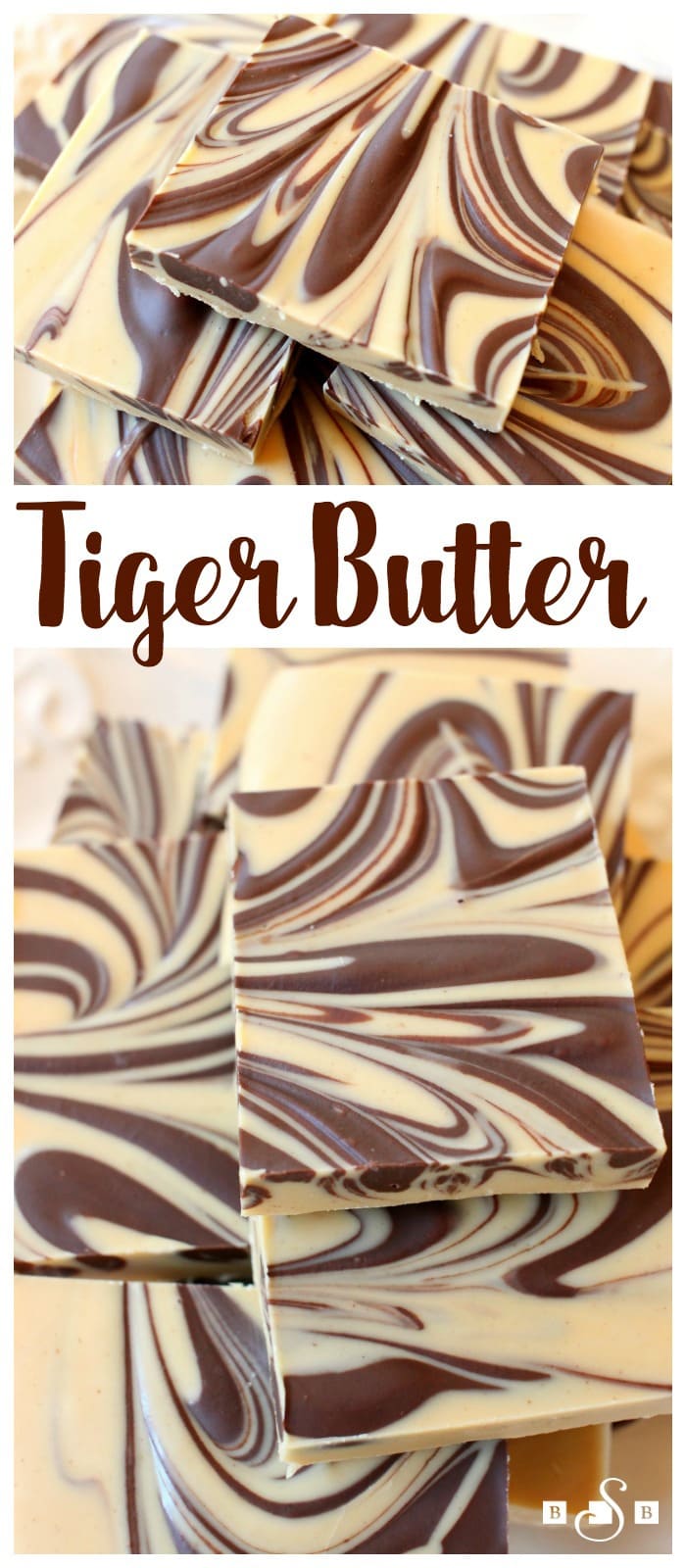Tiger Butter made from 3 ingredients that are melted & swirled together. Gorgeous #holiday candy recipe with great peanut butter #chocolate flavor. Easy #candy recipe from Butter With A Side of Bread