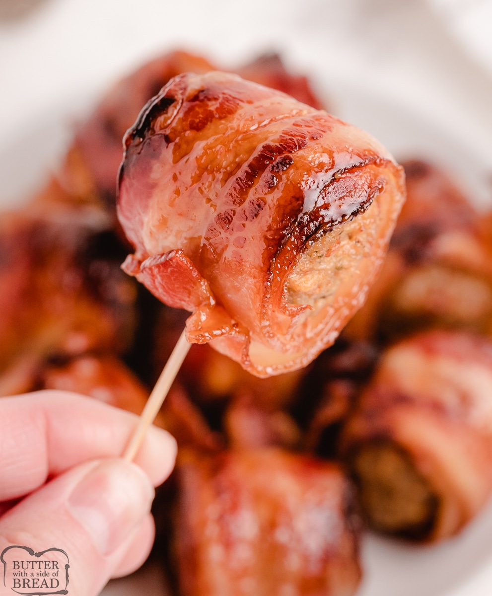 bacon wrapped meatballs on a toothpick