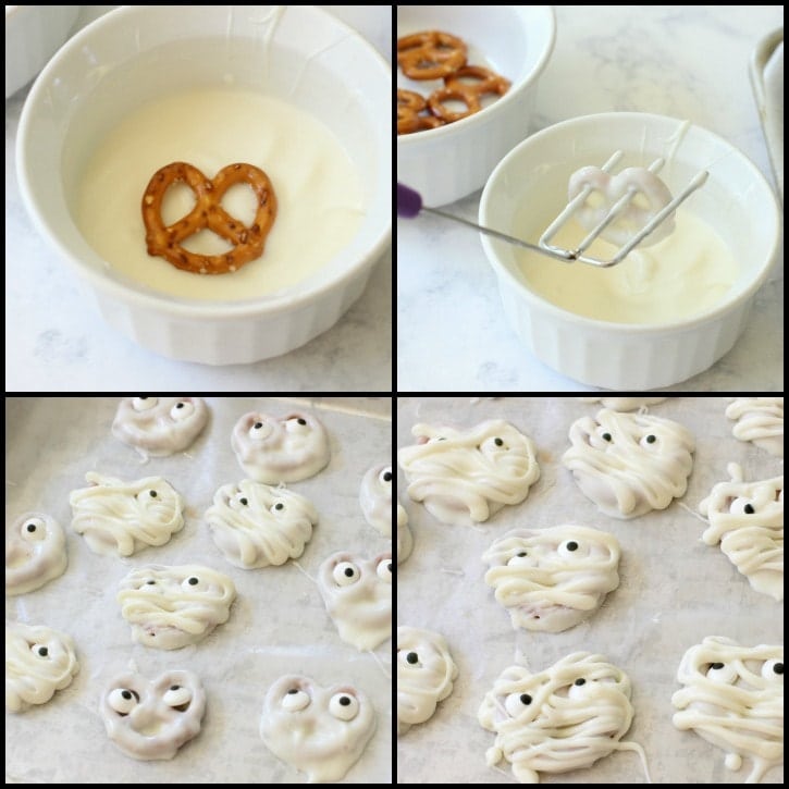 Halloween Mummy Pretzels are made with just a few ingredients in minutes! They're a fun & spooky chocolate pretzel Halloween dessert perfect for parties.