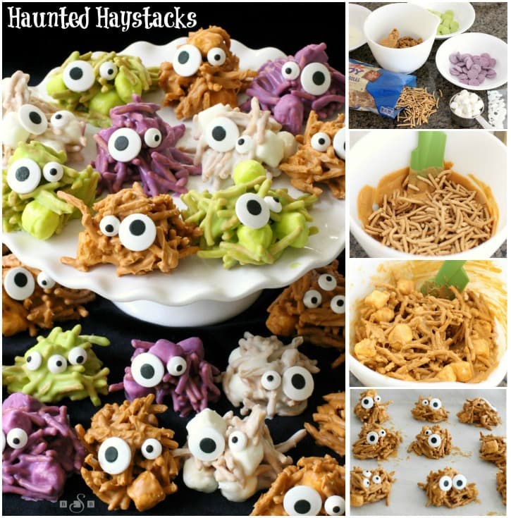 Haunted Haystacks are made from butterscotch chips, peanut butter and marshmallows. Melted and shaped with candy eyeballs for a festive Halloween treat.