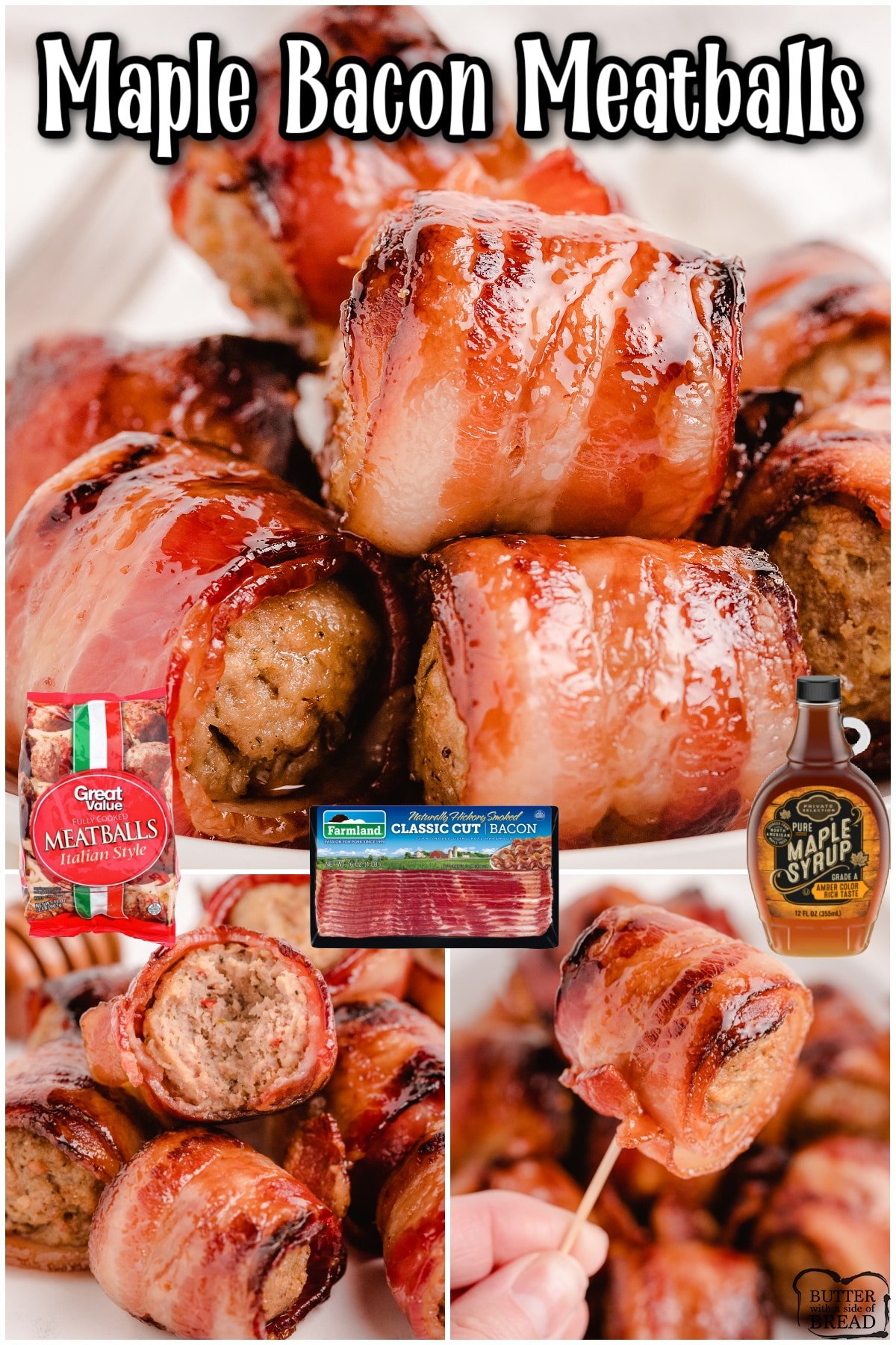 Bacon Wrapped Meatballs made with just 3 ingredients & fantastic savory sweet flavors! These toothpick appetizer meatballs are perfect for parties, tailgating or anytime you want to eat BACON!