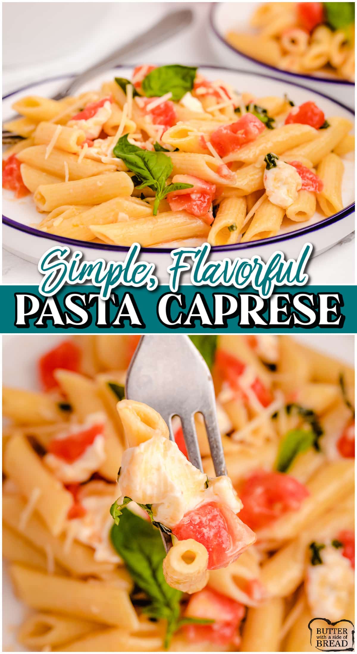Pasta Caprese is a flavorful, light dinner recipe perfect for weeknights! Quick & easy meatless meal with fantastic fresh flavors from the tomatoes, mozzarella & basil!