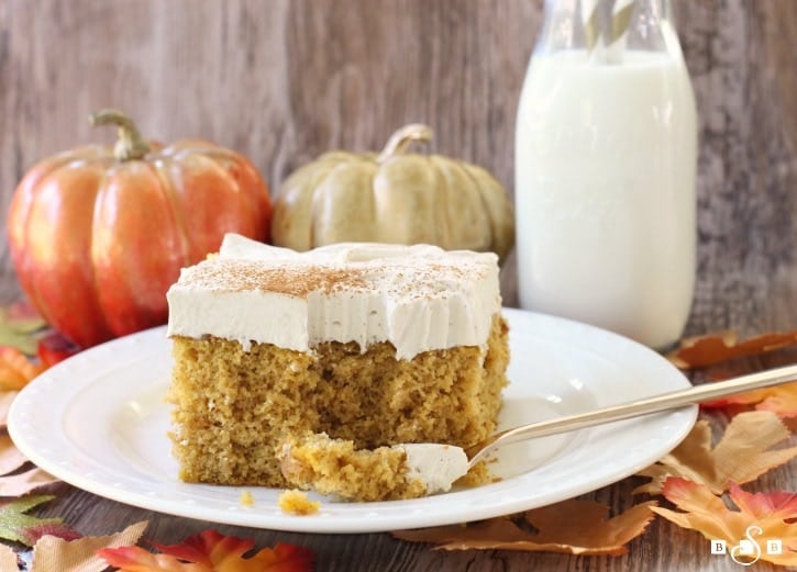 Pumpkin Poke Cake takes an ordinary cake mix and turns it into this deliciously festive treat filled with pumpkin, cinnamon, and nutmeg flavors.