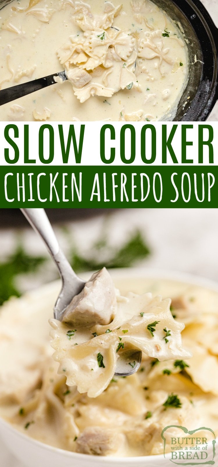 Slow Cooker Chicken Alfredo Soup is smooth, creamy and is made with simple, fresh ingredients. Chicken, milk, cream, garlic and cheese come together to make a soup that tastes just like your favorite alfredo dish...in a delicious soup recipe.