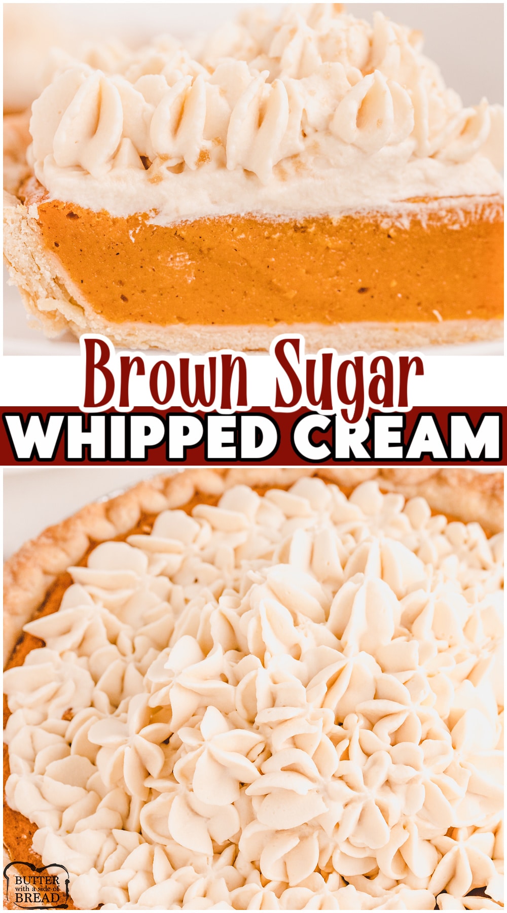 Brown Sugar Whipped Cream adds that special flavor to holiday pies! Made with just heavy cream, brown sugar & vanilla, you'll love the flavor in this homemade whipped cream recipe! 