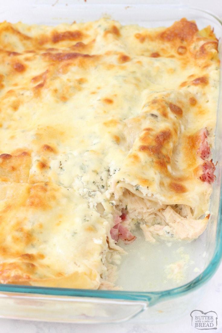 Chicken Cordon Bleu Lasagna made with juicy chicken & ham combined with noodles & four cheeses to make this creamy, flavorful lasagna recipe.