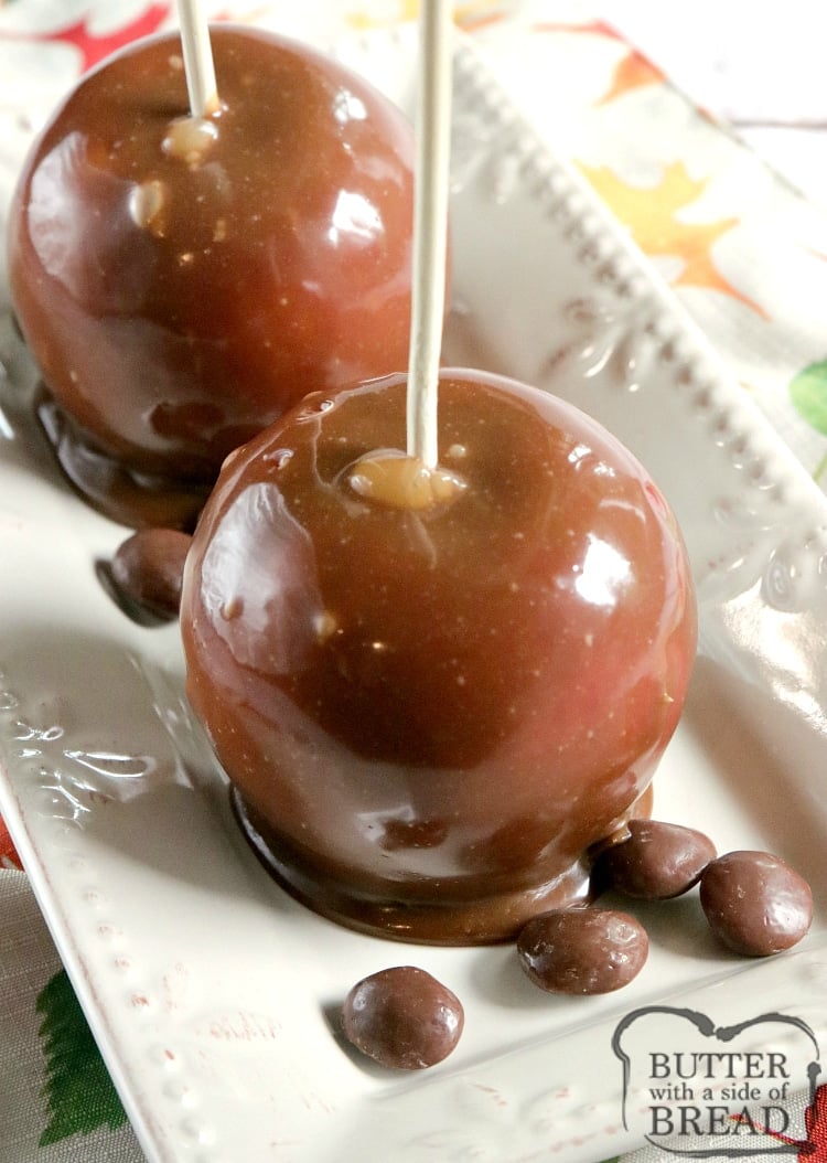 Chocolate Caramel Apples are made with melted Milk Duds adding chocolate flavor to classic caramel coated apples! This easy caramel apple recipe is perfect for Halloween or any Fall party!