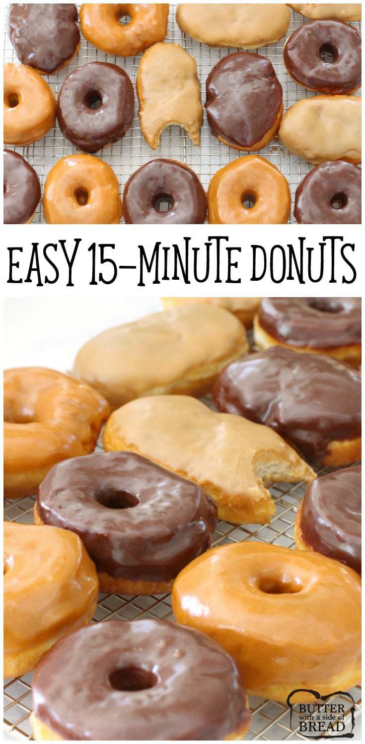 Easy 15 Minute Donuts is one basic donut glaze altered 3 ways results in these amazing 15-Minute Donut recipes: Maple Bars, Chocolate Glaze & Pumpkin Spice Glazed. Easy Donut Recipe from Butter With A Side of Bread