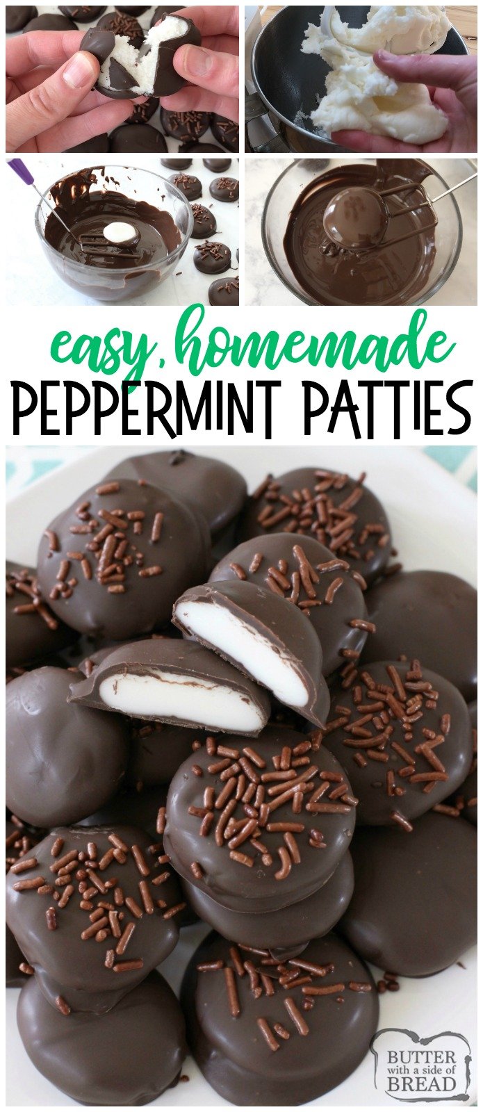 Easy Homemade Peppermint Patty recipe with just a handful of ingredients! Copycat York Peppermint Patties but BETTER. Simple soft, sweetened mint candy covered in chocolate for a delicious, easy peppermint patty #candy from Butter With A Side of Bread #peppermint #mint #chocolate #candies #york #recipe #food #dessert