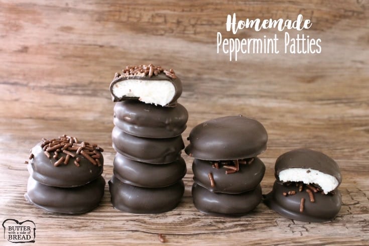 Peppermint Patties made from scratch with a handful of ingredients! Easily combine butter, sugar & peppermint then dip in chocolate for these tasty treats!