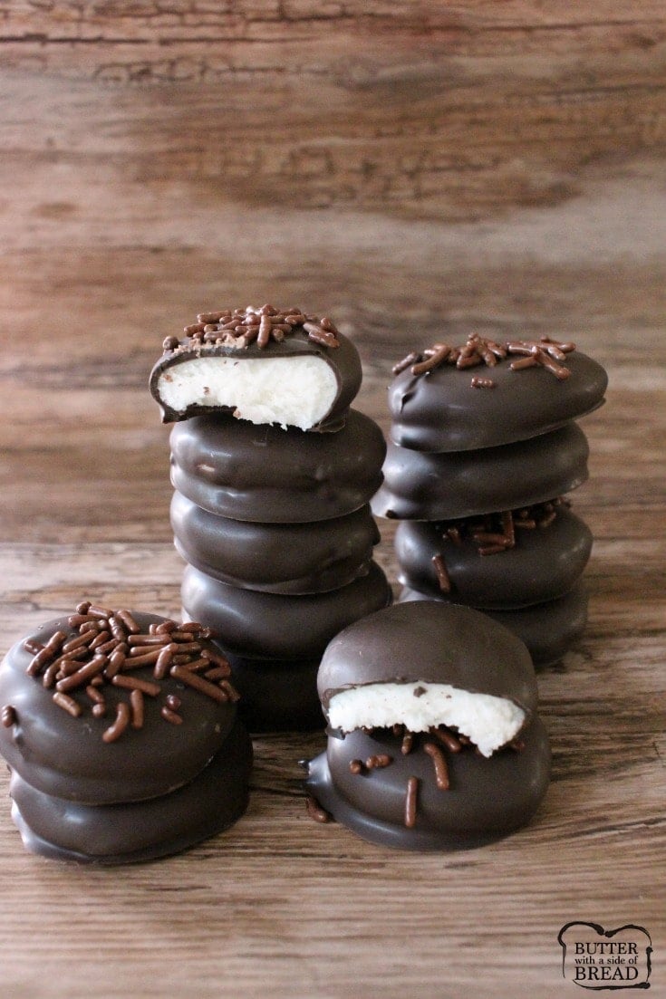 Peppermint Patties made from scratch with a handful of ingredients! Easily combine butter, sugar & peppermint then dip in chocolate for these tasty treats!