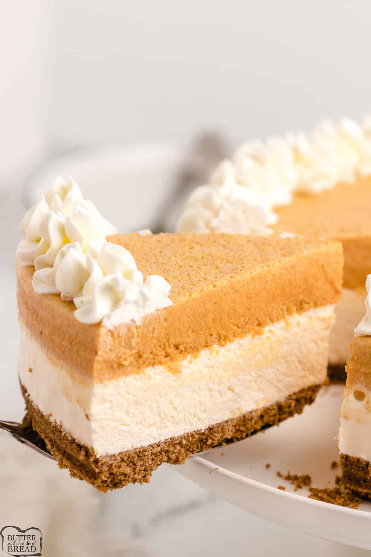 Layered Pumpkin Ice Cream Dessert is made with a gingersnap cookie crust with layers of pumpkin and vanilla ice cream. This delicious no bake pumpkin pie is absolutely perfect for the fall season!