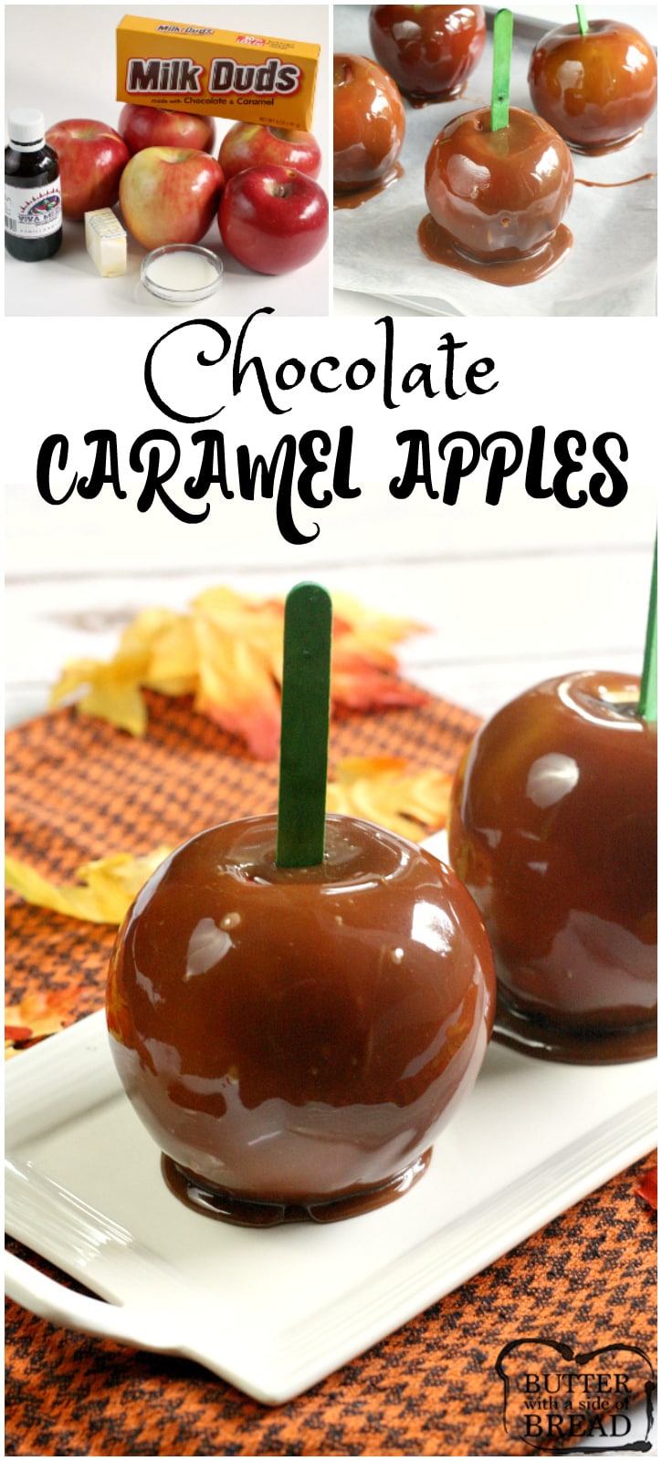 Chocolate Caramel Apples are made with melted Milk Duds adding chocolate flavor to classic caramel coated apples! Perfect for Halloween or any Fall party! 