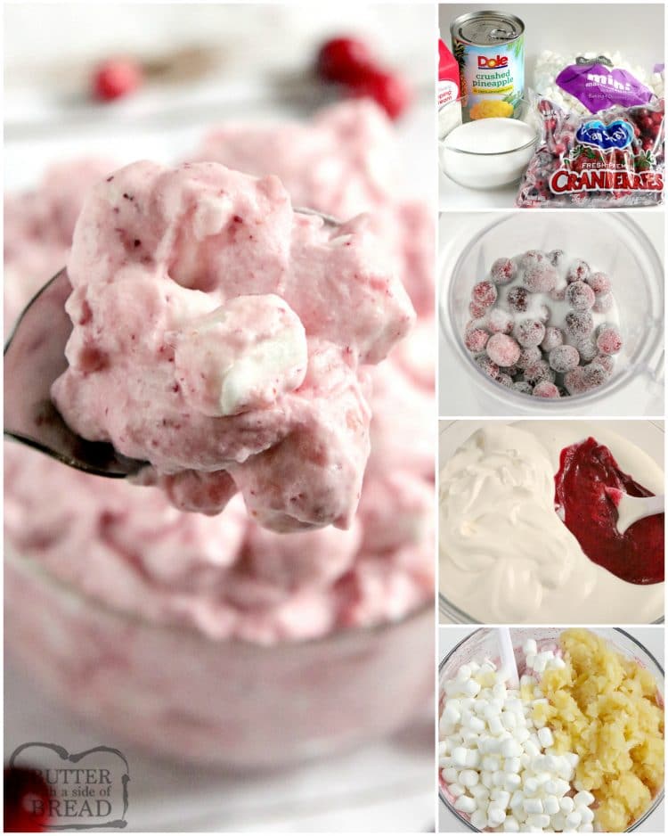 Creamy Cranberry Salad is made in minutes with only five ingredients! This cranberry salad recipe is made with fresh cranberries, crushed pineapple, whipping cream and marshmallows.