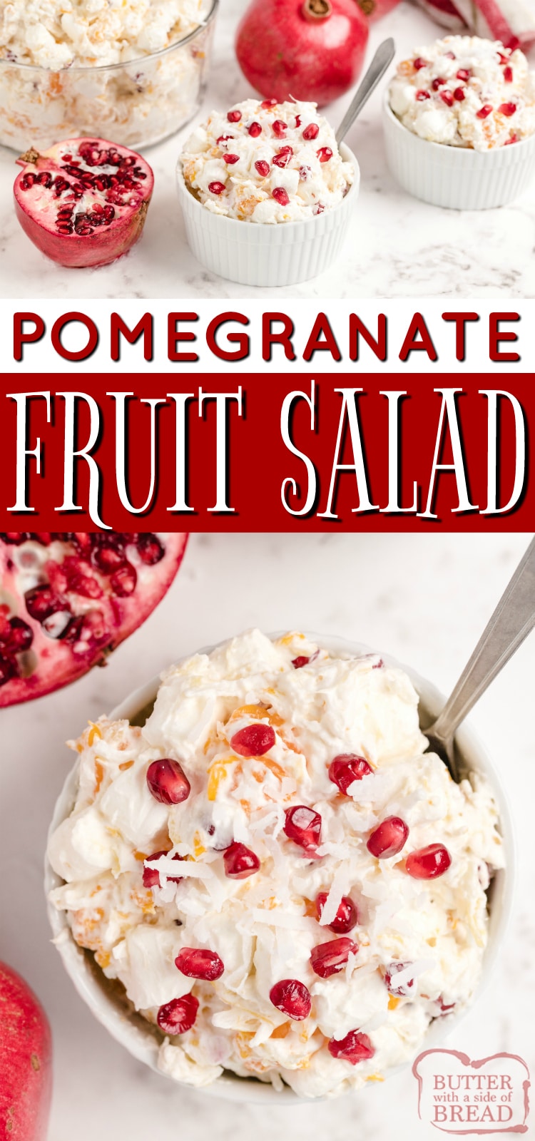 Creamy Pomegranate Fruit Salad made with pomegranates, fruit and marshmallows is sure to become a favorite holiday side dish! This simple fruit salad recipe is perfect for fall - it's been a family tradition to serve this for Thanksgiving for many years!