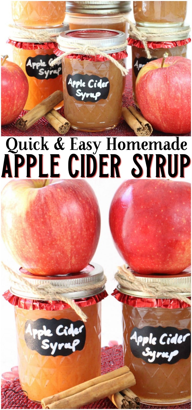 Easy Apple Cider Syrup made with simple ingredients including apple cider & pumpkin pie spice! This delightful homemade syrup recipe is easy to make and tastes wonderful. Perfect flavors for Fall breakfasts! #apples #applecider #syrup #homemade #breakfast #applecinnamon #easyrecipe from BUTTER WITH A SIDE OF BREAD