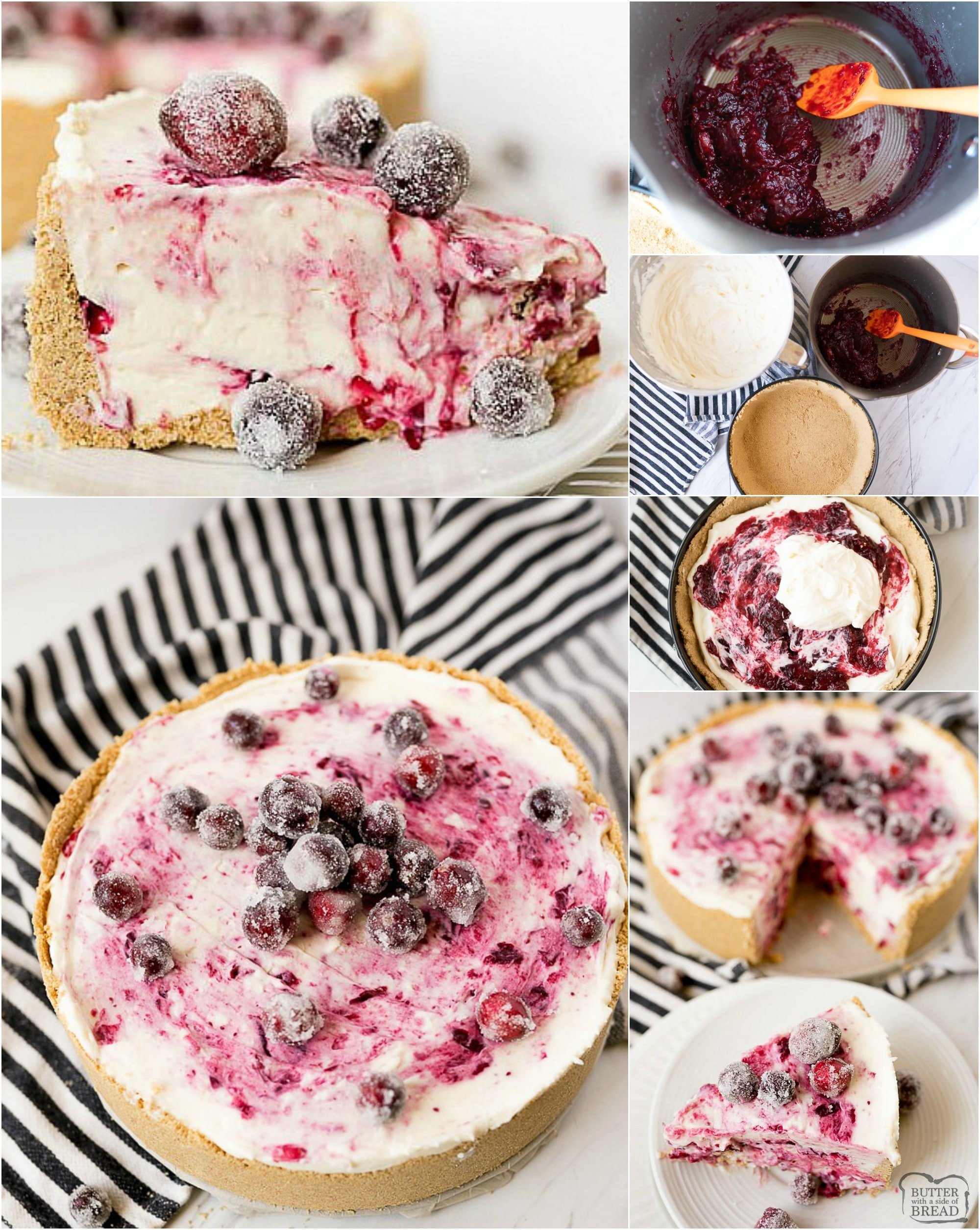 Cranberry Cheesecake Recipe has a fresh cranberry swirl and sugared cranberries as garnish! Easy 4-ingredient NO-BAKE cheesecake filling that's perfect for beginners.