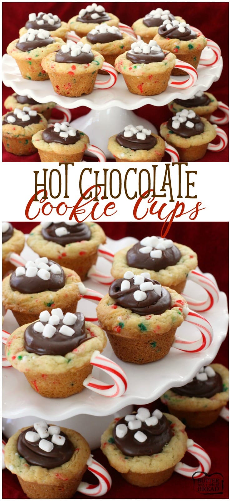 Hot Chocolate Cookie Cups are festive Christmas cookies! Sugar cookie cups filled with fudge, mini marshmallows & sprinkles. Love the candy cane handle! Best #Christmas #cookies from Butter With A Side of Bread