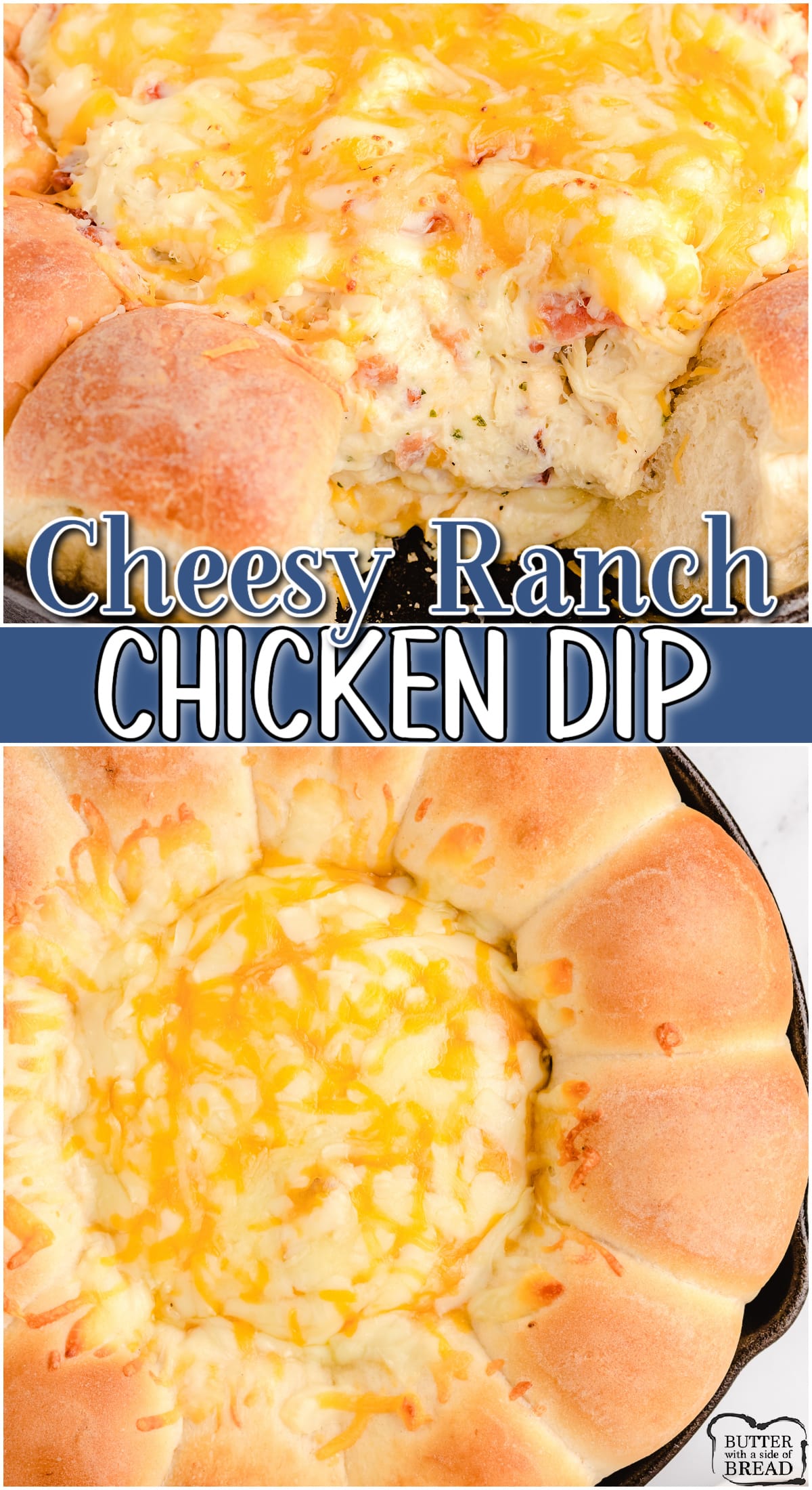 Cheesy Ranch Chicken Dip is a hot, bacon ranch dip baked in a ring of buttery soft rolls. Perfect cheesy dip for parties, holidays or any get together!