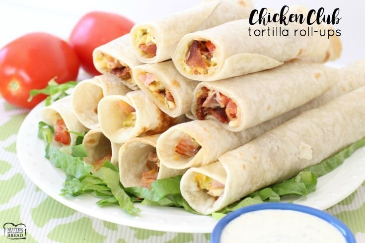 Chicken Club Roll-Ups are tasty, easy appetizers made from chicken, bacon, cheese & avocado rolled in a fresh tortilla. Chicken Club made simple!Â 