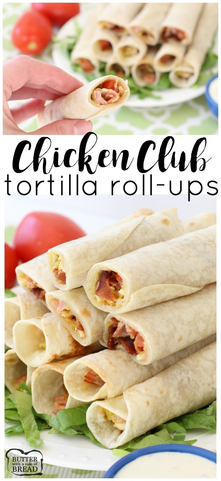 Chicken Club Roll-Ups are tasty, easy appetizers made from chicken, bacon, cheese & avocado rolled in a fresh tortilla. Chicken Club made simple! 