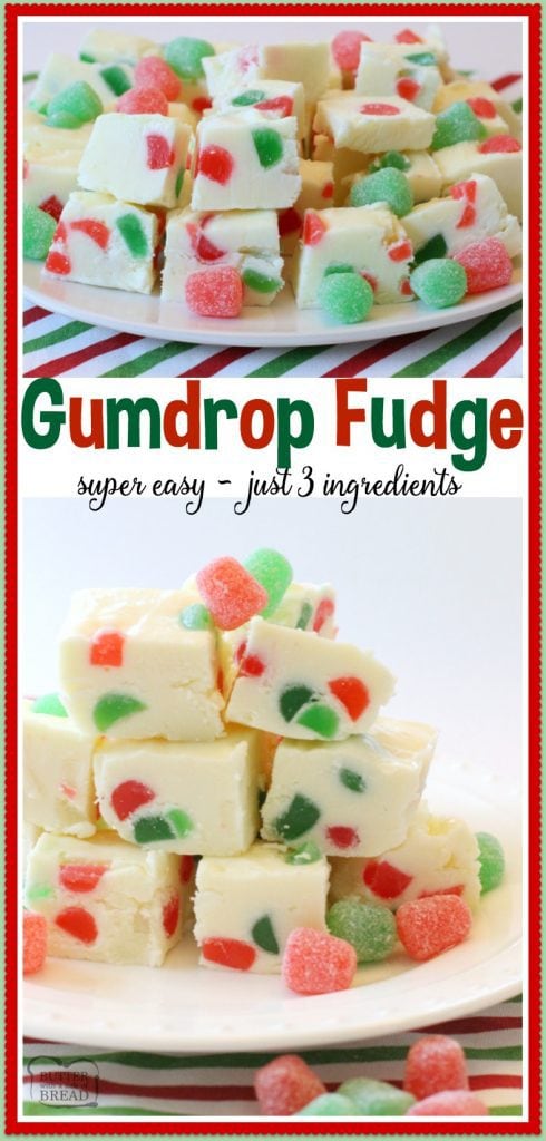 Gumdrop Fudge that is so simple, delicious and festive! Just 3 ingredients and it comes together in minutes. Perfect Christmas fudge recipe!