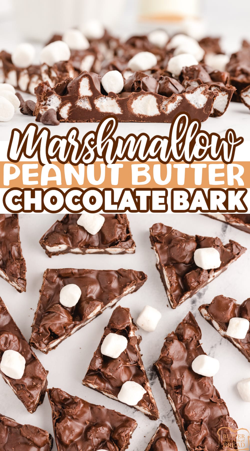 Marshmallow Peanut Butter Chocolate Bark is made with only 3 ingredients in just a few minutes. Simple chocolate candy recipe that is easy to make and is perfect for parties and gift giving.