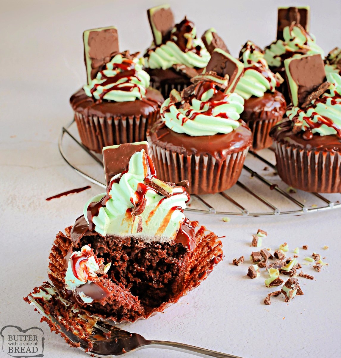 box cake mix made into mint chocolate cupcakes