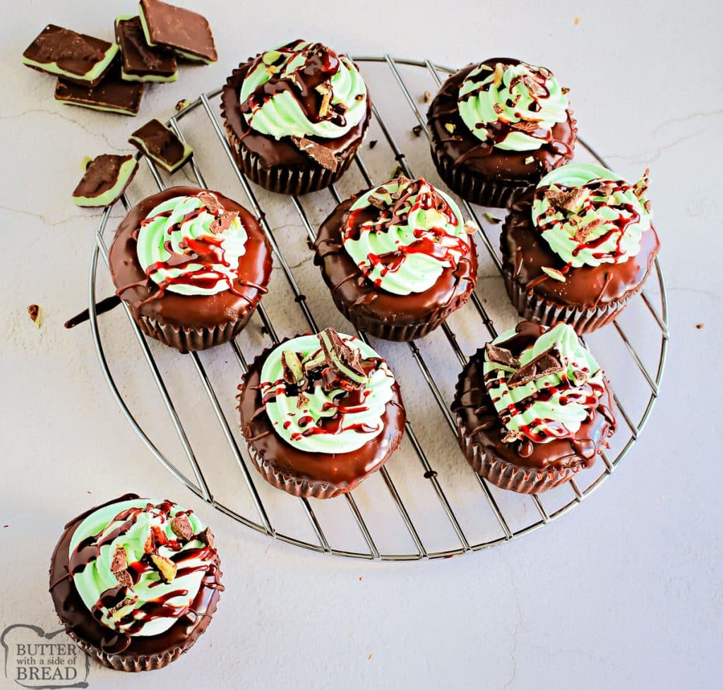 green mint cupcakes with Andes mints on top