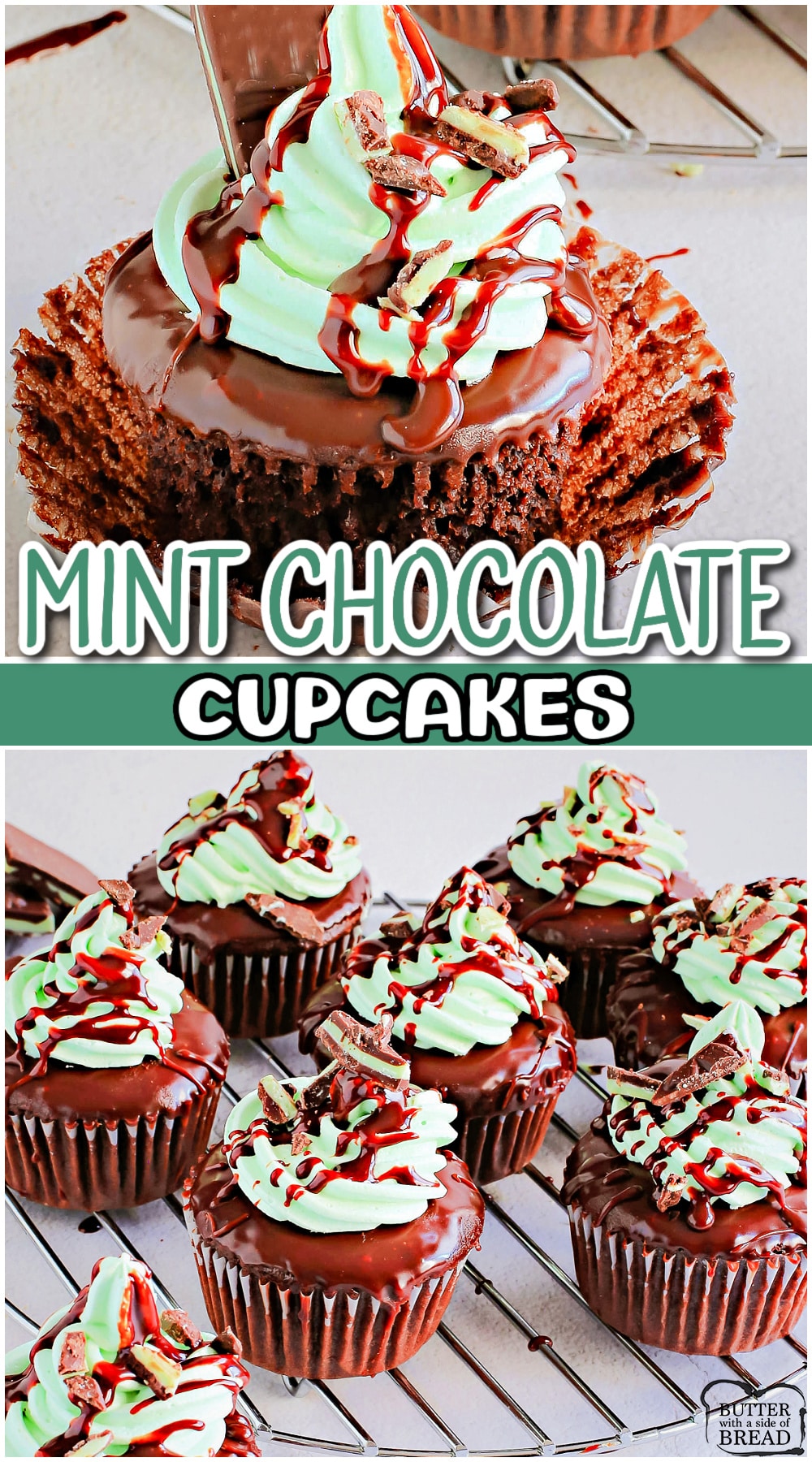 Mint Chocolate Cupcakes are made easily with our boxed cake mix hacks! These cupcakes with boxed cake mix are dipped in a chocolate glaze and topped with smooth mint buttercream.