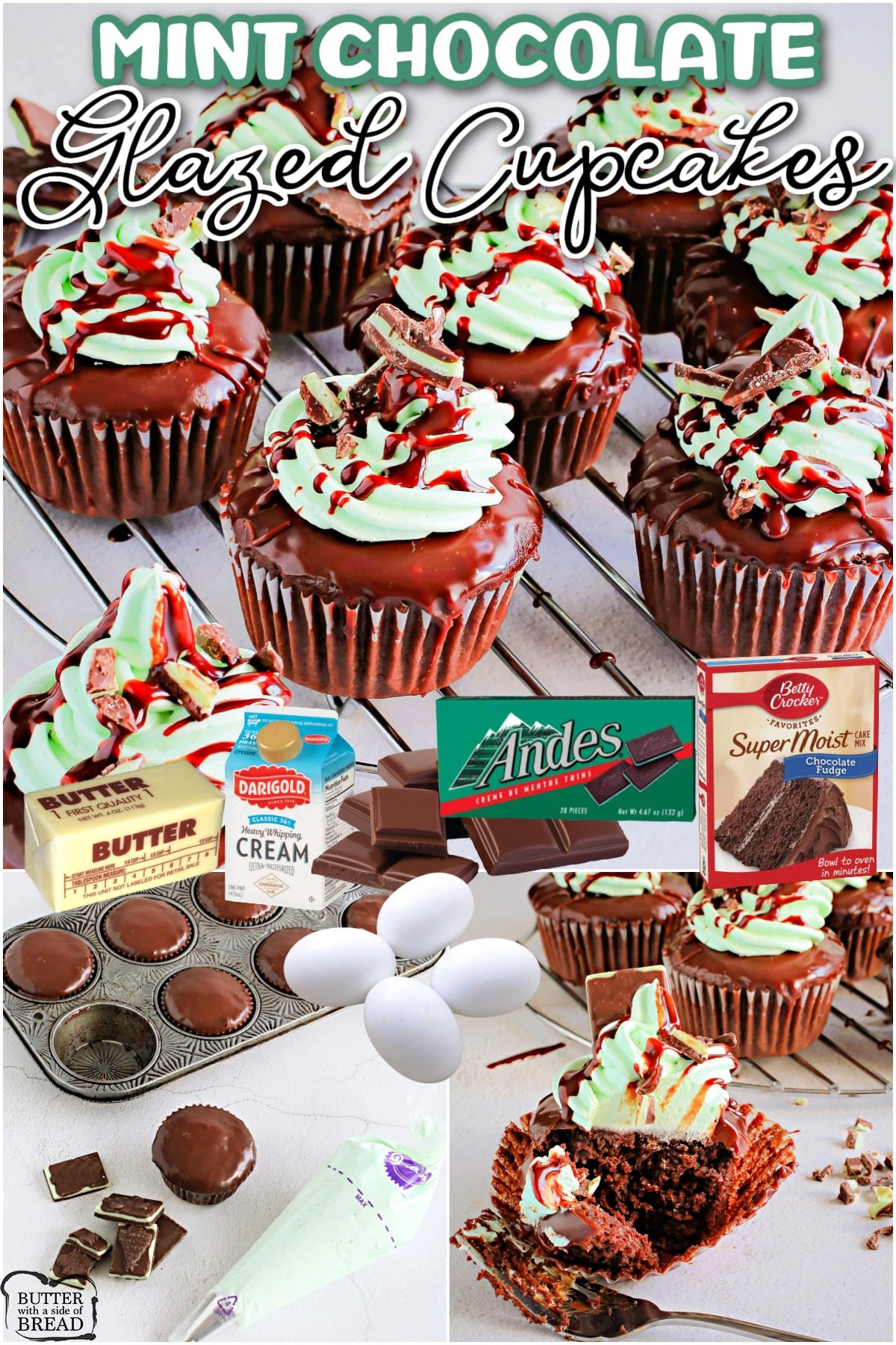 Mint Chocolate Cupcakes are made easily with our boxed cake mix hacks! These cupcakes with boxed cake mix are dipped in a chocolate glaze and topped with smooth mint buttercream.